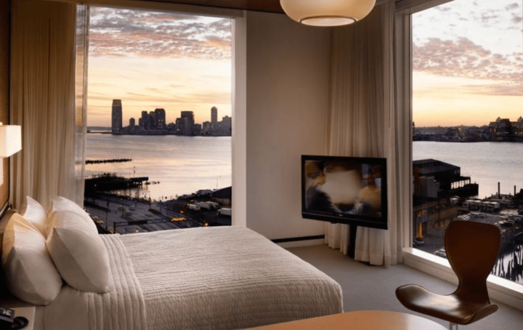 The standard hotel room with windows overlooking the Hudson